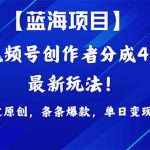 （9777期）2024蓝海项目视频号，最新方法， 100%过原创，条条爆款，单日变现1K+，…