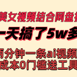 （8610期）快手美女视频结合网盘拉新，一天搞了50000 两分钟一条Ai原创视频，0成…