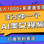 （10645期）3分钟一个AI美女视频，打爆男粉流量，日入1000+多渠道变现，简单暴力，…
